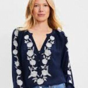 LOFT Dark Blue Blouse with White Floral Embroidery